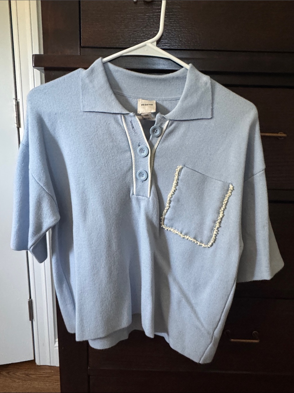 Maeve Pale Blue Polo Top with Pearl-Trim Pocket